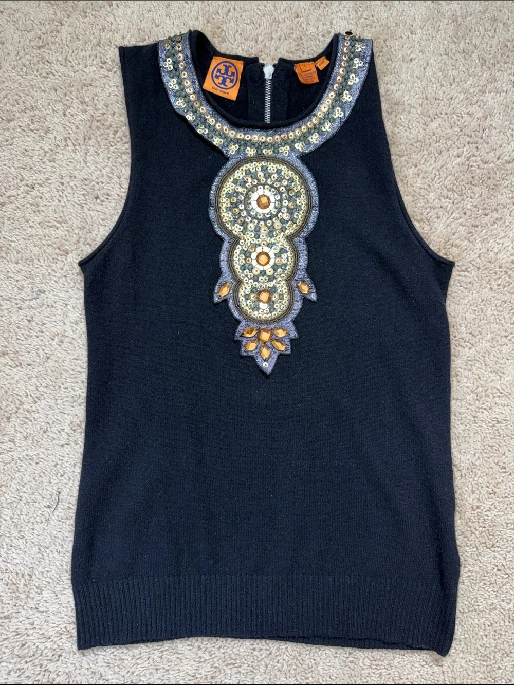 Tory Burch Black Sleeveless Embellished Knit Top